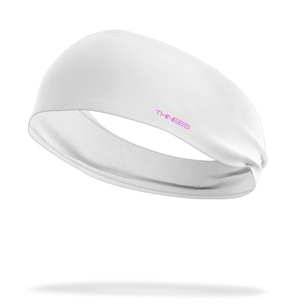Thinees White Headband with Neon Pink logo