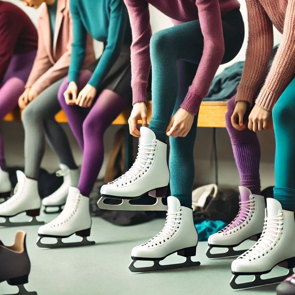 a photo of female figure skaters putting on white ice skates in a dressing room, wearing purple, teal, and pink outfits.
