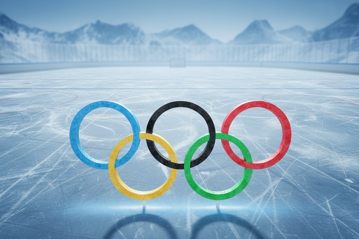 Olympic rings on an ice surface symbolizing the hockey in Milan-Cortina 2026. 