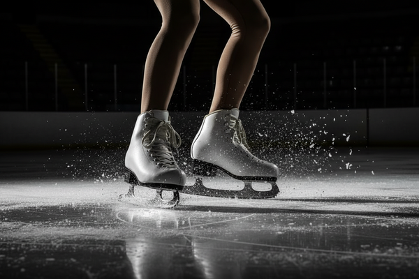 Figure skates gliding across the ice in a dimly lit arena, blades carving sharp lines into the surface as soft reflections shimmer under low, moody lighting, capturing the quiet intensity of a skating session