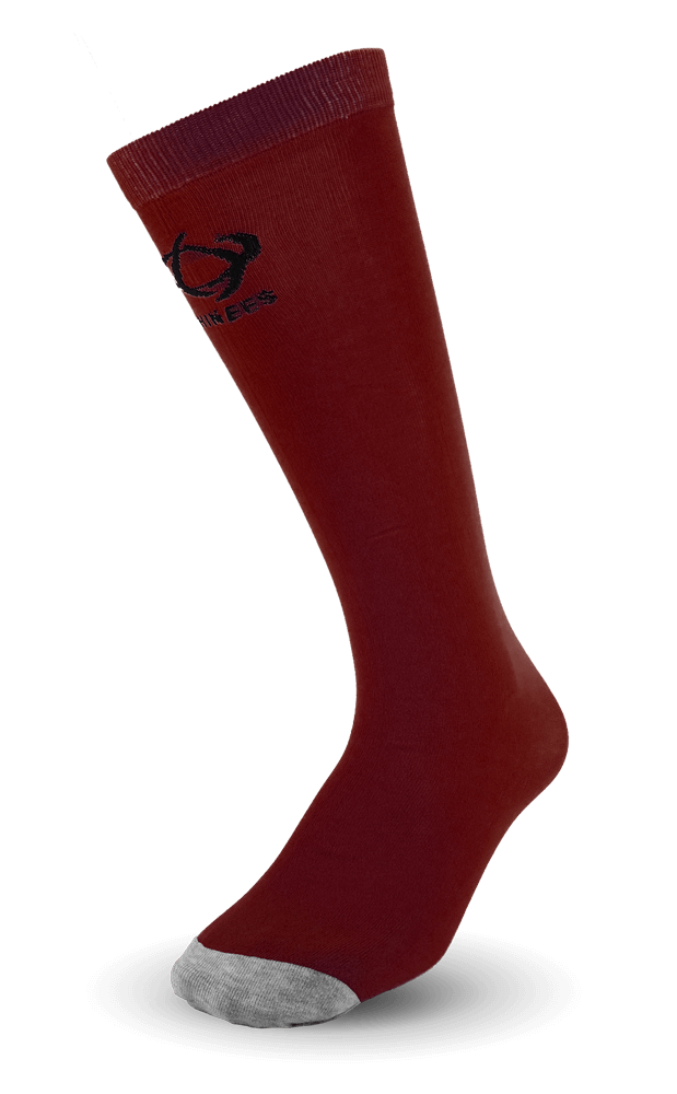 Burgundy knee-high sock with a logo on a black background